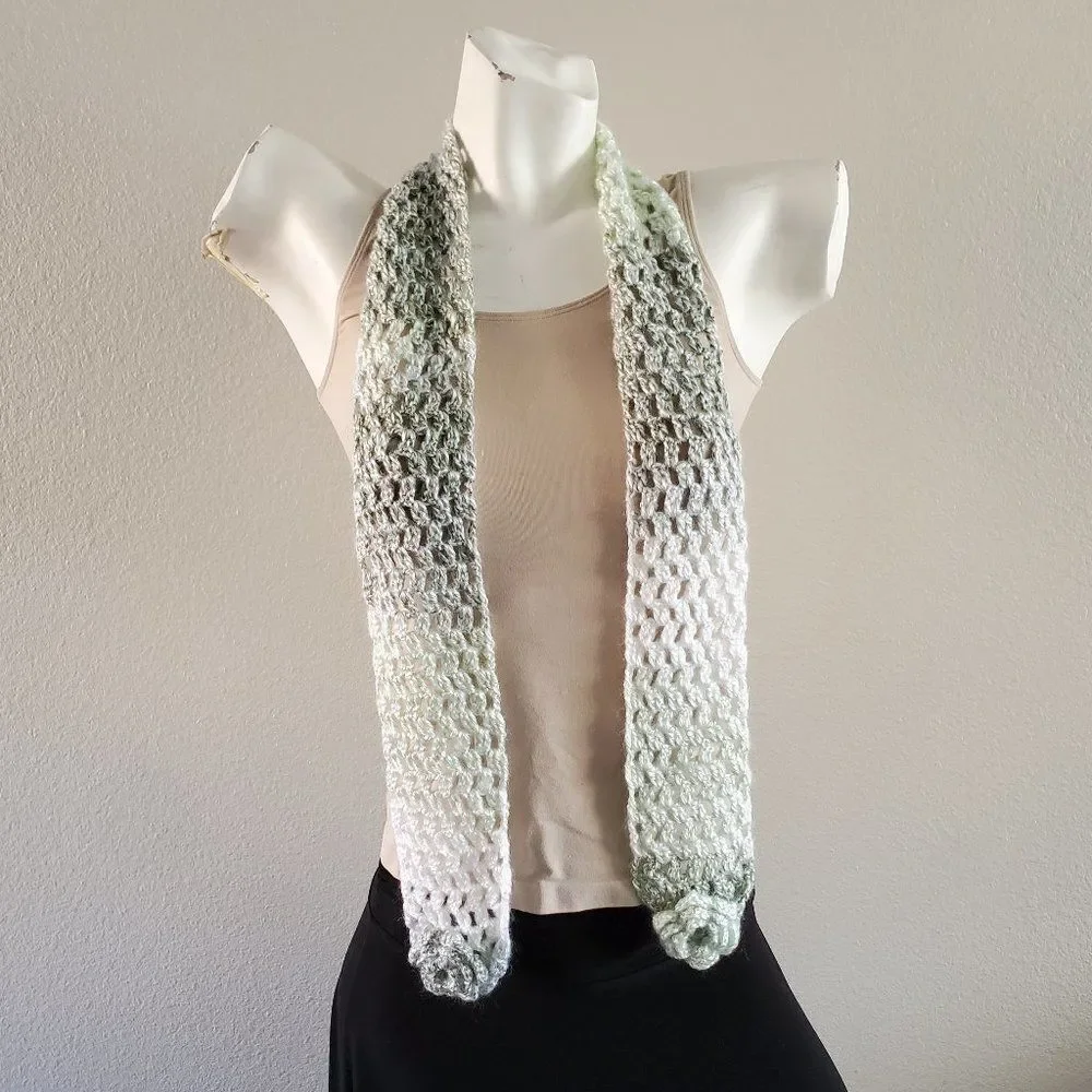 BOGO Scarf Sale - Hand Crafted ombre green and white with flowers crochet scarf